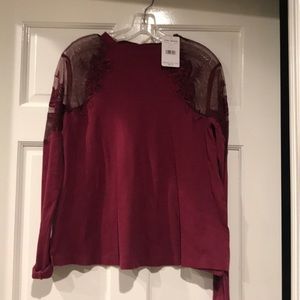 Free People XS wine long sleeve shirt, lace  NWT